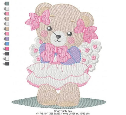Female Bear embroidery designs - Baby girl embroidery design machine embroidery pattern - Bear with lace and dress embroidery file pes jef Marcia Embroidery