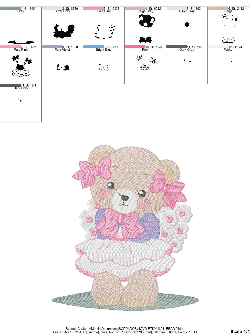 Female Bear embroidery designs - Baby girl embroidery design machine embroidery pattern - Bear with lace and dress embroidery file pes jef Marcia Embroidery