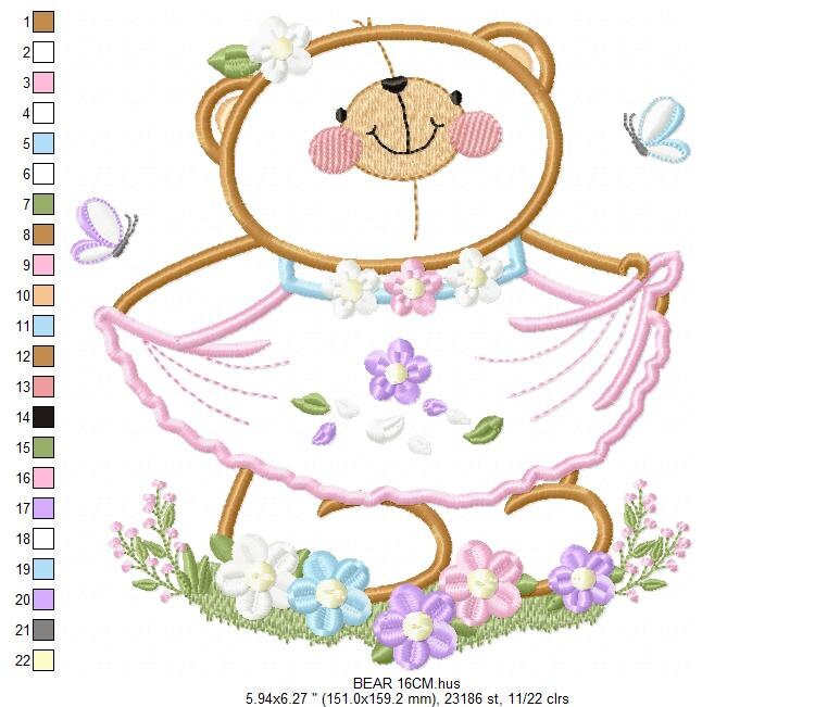 Female Bear embroidery designs - Baby girl embroidery design machine embroidery pattern - Bear with lace and dress embroidery file pes jef Marcia Embroidery