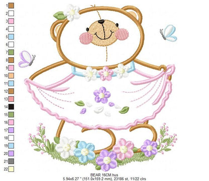 Female Bear embroidery designs - Baby girl embroidery design machine embroidery pattern - Bear with lace and dress embroidery file pes jef Marcia Embroidery