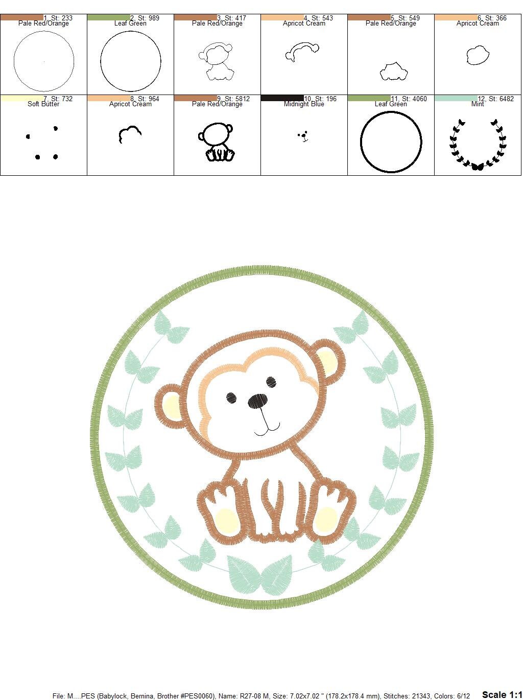 Monkey embroidery designs - Safari embroidery design machine embroidery pattern - Animal embroidery file - Tag Monkey applique frame pes jef