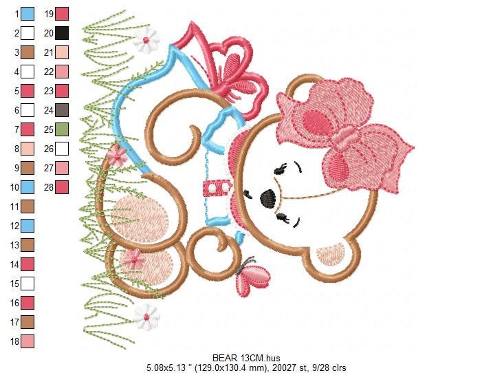Bear embroidery designs - Baby girl embroidery design machine embroidery pattern - Female Bear with lace and dress embroidery file pes jef Marcia Embroidery