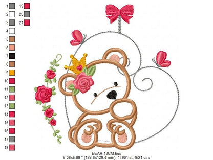Female Bear embroidery designs - Baby girl embroidery design machine embroidery pattern - Bear with flowers and crown embroidery file pes
