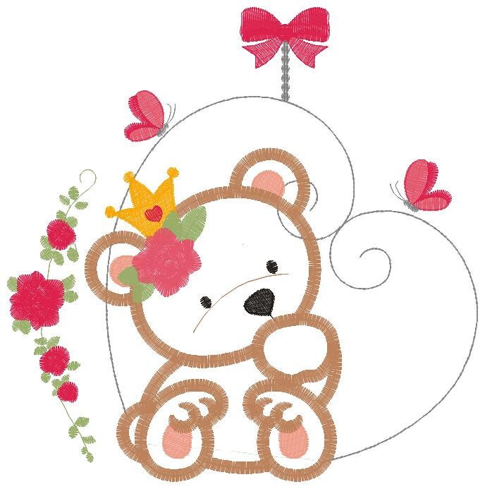 Female Bear embroidery designs - Baby girl embroidery design machine embroidery pattern - Bear with flowers and crown embroidery file pes