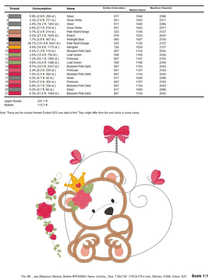 Female Bear embroidery designs - Baby girl embroidery design machine embroidery pattern - Bear with flowers and crown embroidery file pes
