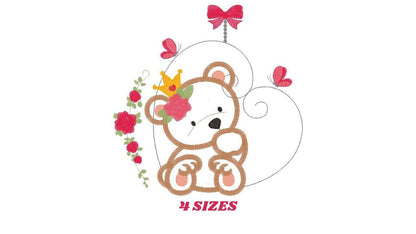 Female Bear embroidery designs - Baby girl embroidery design machine embroidery pattern - Bear with flowers and crown embroidery file pes
