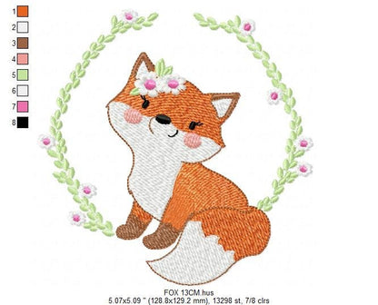 Fox embroidery designs - Red Fox with flower frame machine embroidery pattern - Woodland Wild Animal file - Instant digital download pes jef