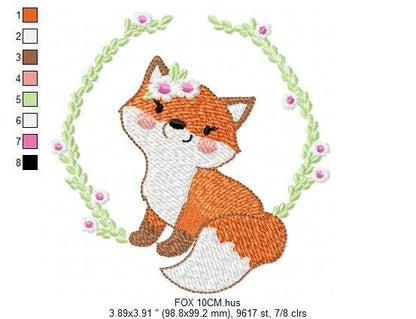 Fox embroidery designs - Red Fox with flower frame machine embroidery pattern - Woodland Wild Animal file - Instant digital download pes jef