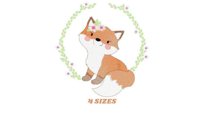 Fox embroidery designs - Red Fox with flower frame machine embroidery pattern - Woodland Wild Animal file - Instant digital download pes jef