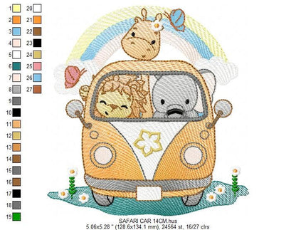 Safari embroidery designs - Animals embroidery design machine embroidery pattern - Mini bus combi embroidery file - lion elephant giraffe