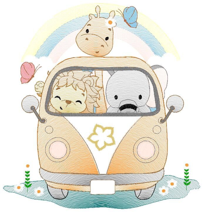 Safari embroidery designs - Animals embroidery design machine embroidery pattern - Mini bus combi embroidery file - lion elephant giraffe