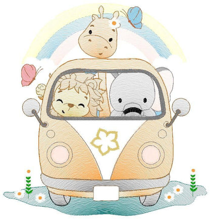 Safari embroidery designs - Animals embroidery design machine embroidery pattern - Mini bus combi embroidery file - lion elephant giraffe