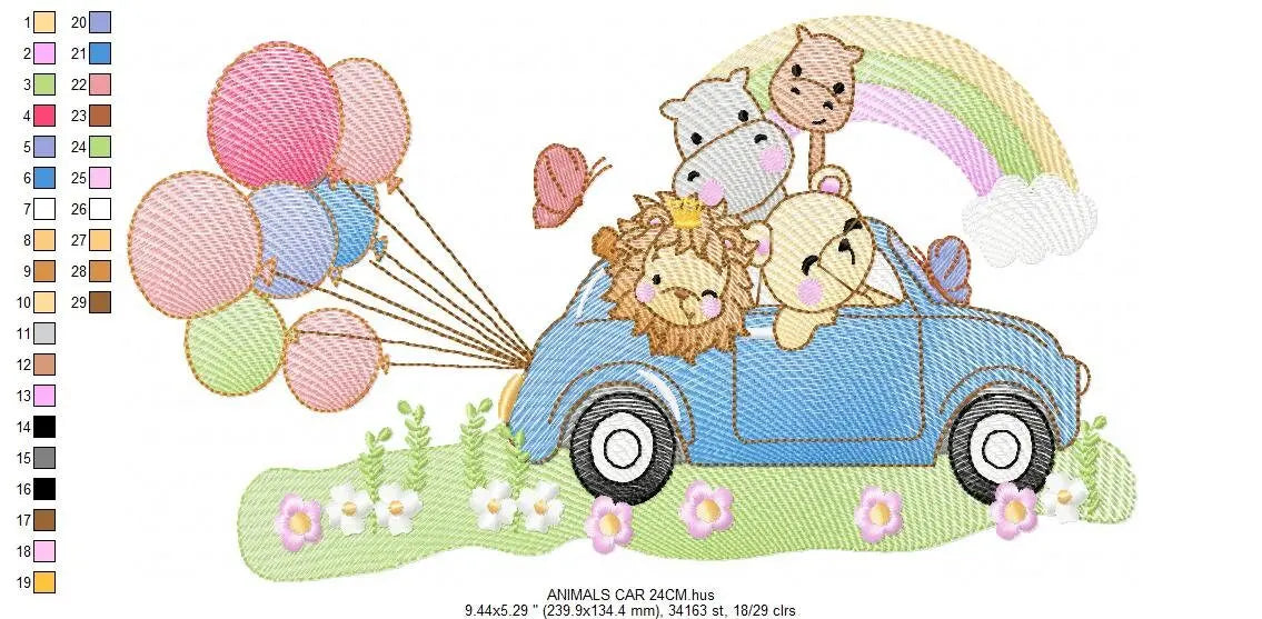 Safari animals in a car embroidery designs - Wild Animals with rainbow and balloons machine embroidery pattern - Lion elephant giraffe hippo Marcia Embroidery