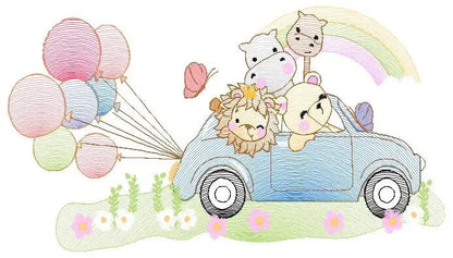 Safari animals in a car embroidery designs - Wild Animals with rainbow and balloons machine embroidery pattern - Lion elephant giraffe hippo Marcia Embroidery