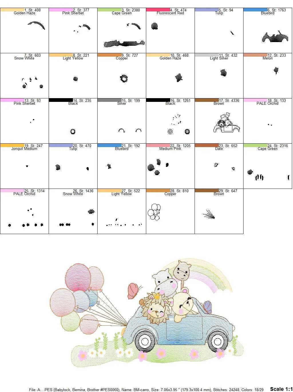 Safari animals in a car embroidery designs - Wild Animals with rainbow and balloons machine embroidery pattern - Lion elephant giraffe hippo Marcia Embroidery