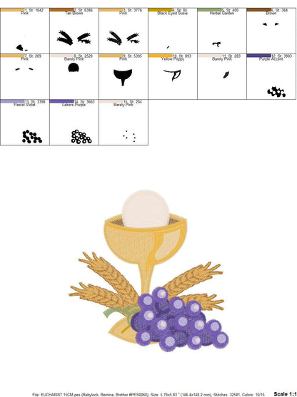 Chalice embroidery designs - Communion embroidery design machine embroidery pattern - Catholic embroidery file - Grape Bread Wheat church Marcia Embroidery