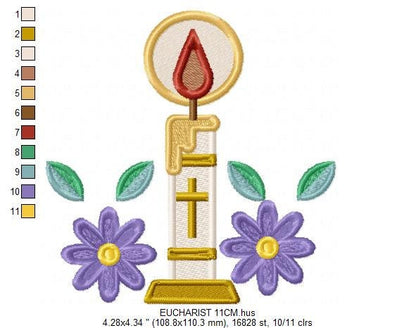 Holy candle embroidery designs - Communion Eucharist machine embroidery pattern - Religious Catholic file - Instant digital download pes jef