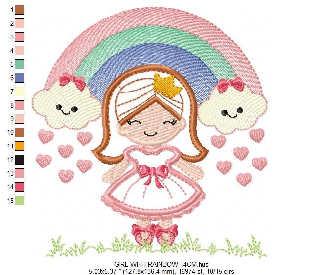 Girl with rainbow and hearts embroidery designs - Raining Rainbow embroidery design machine embroidery pattern - instant download pes jef Marcia Embroidery