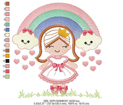Girl with rainbow and hearts embroidery designs - Raining Rainbow embroidery design machine embroidery pattern - instant download pes jef Marcia Embroidery