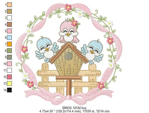 Birds with flower frame embroidery designs - Birdhouse machine embroidery pattern - Family love bird Kitchen towel file - Instant download Marcia Embroidery