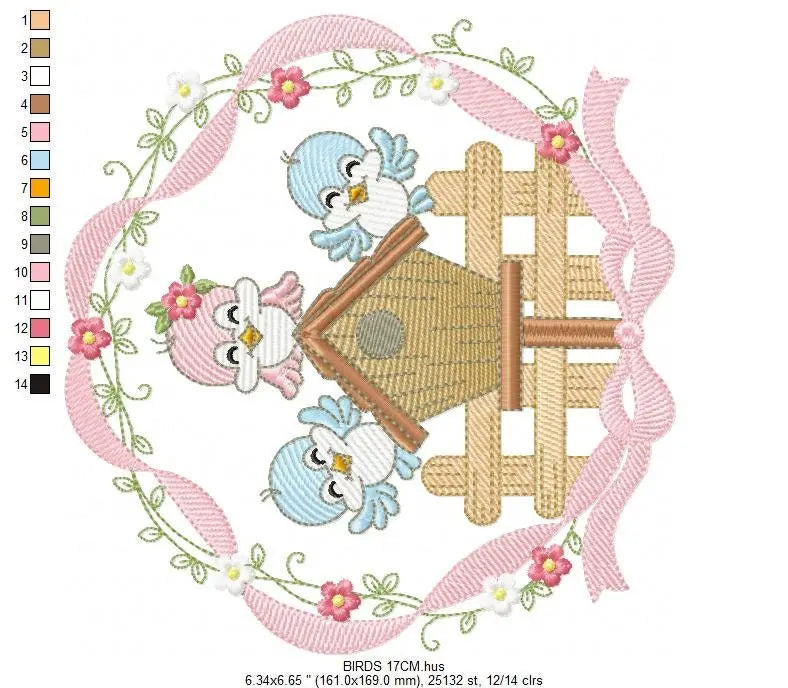 Birds with flower frame embroidery designs - Birdhouse machine embroidery pattern - Family love bird Kitchen towel file - Instant download Marcia Embroidery