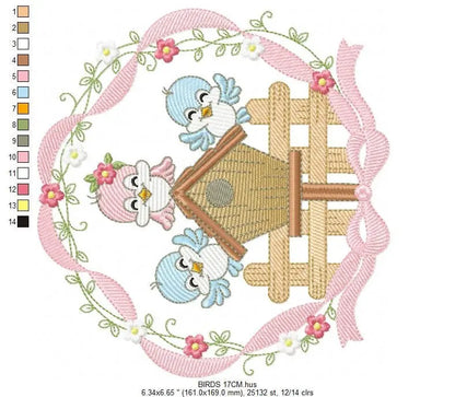 Birds with flower frame embroidery designs - Birdhouse machine embroidery pattern - Family love bird Kitchen towel file - Instant download Marcia Embroidery