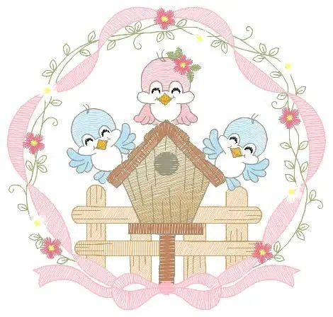 Birds with flower frame embroidery designs - Birdhouse machine embroidery pattern - Family love bird Kitchen towel file - Instant download Marcia Embroidery