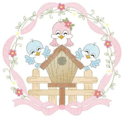 Birds with flower frame embroidery designs - Birdhouse machine embroidery pattern - Family love bird Kitchen towel file - Instant download Marcia Embroidery