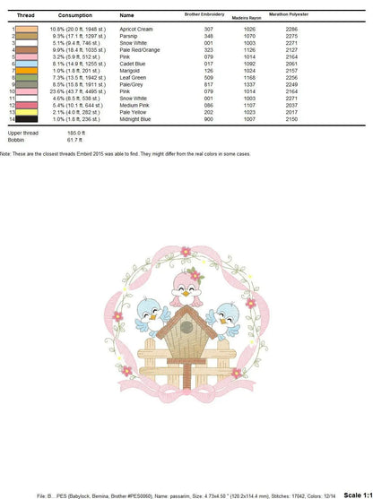 Birds with flower frame embroidery designs - Birdhouse machine embroidery pattern - Family love bird Kitchen towel file - Instant download Marcia Embroidery