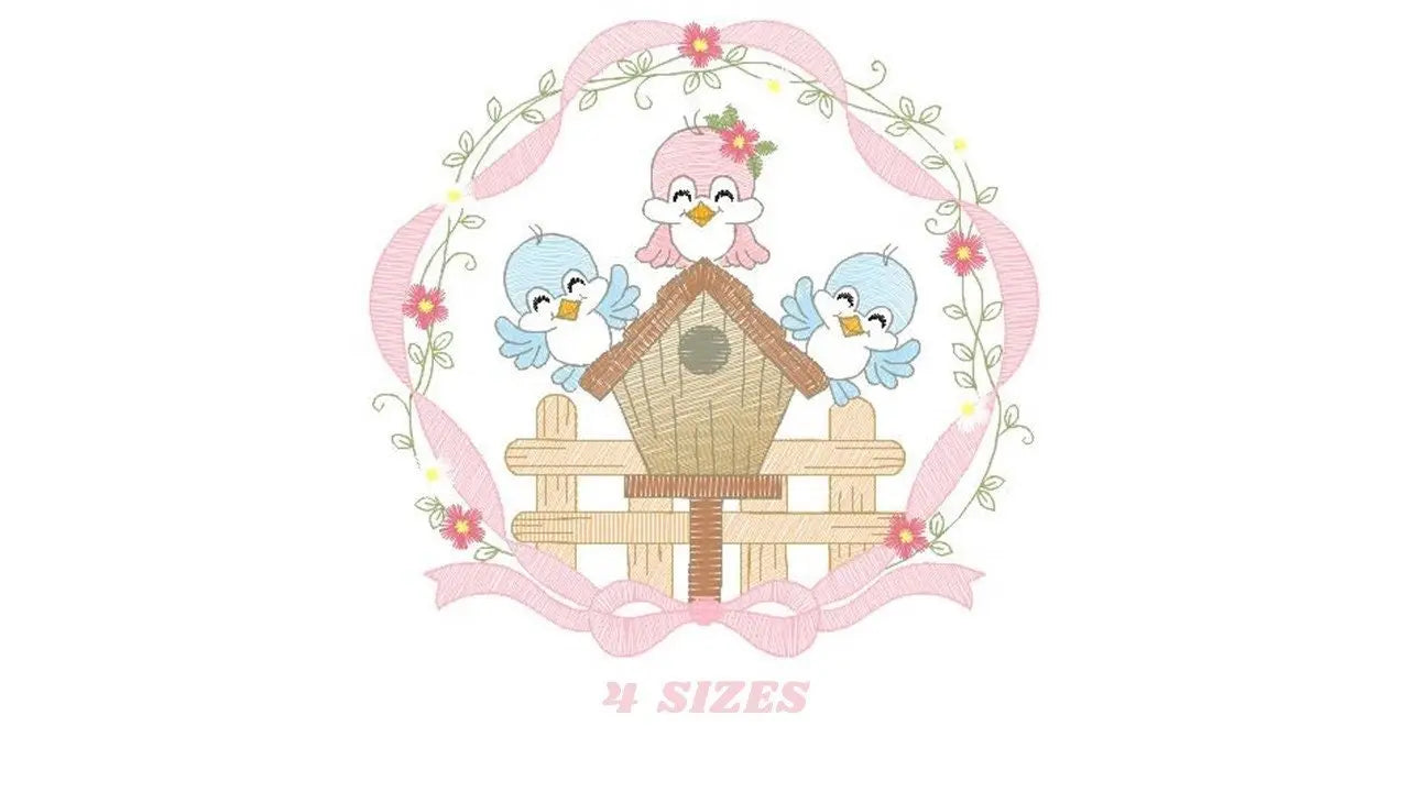 Birds with flower frame embroidery designs - Birdhouse machine embroidery pattern - Family love bird Kitchen towel file - Instant download Marcia Embroidery