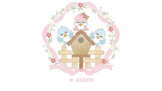 Birds with flower frame embroidery designs - Birdhouse machine embroidery pattern - Family love bird Kitchen towel file - Instant download
