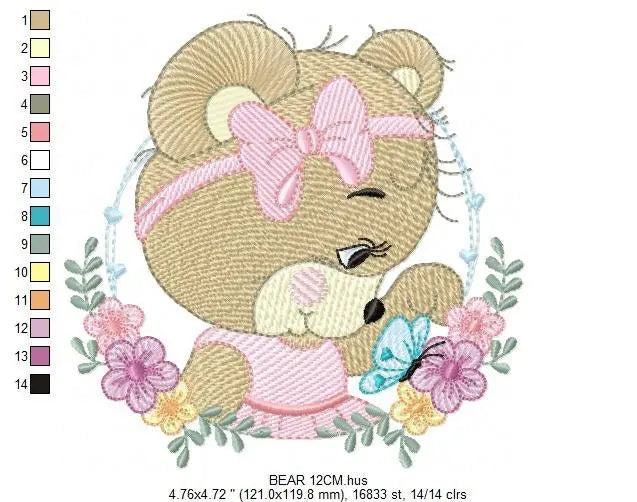Female Bear embroidery designs - Baby girl embroidery design machine embroidery pattern - Bear with butterfly embroidery file - digital file Marcia Embroidery