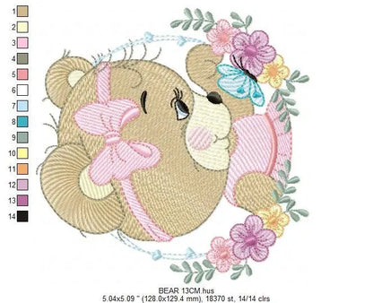 Female Bear embroidery designs - Baby girl embroidery design machine embroidery pattern - Bear with butterfly embroidery file - digital file Marcia Embroidery