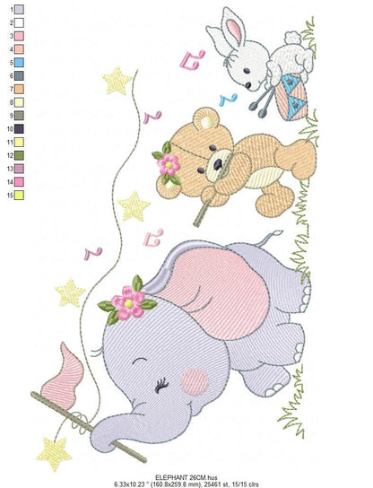 Animal band embroidery designs - Musical animals embroidery design machine embroidery pattern -  Elephant embroidery file - Bear and Rabbit