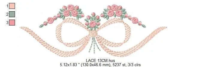 Lace with flowers embroidery designs - Bow Tie machine embroidery pattern - Baby girl file - Instant digital download pes jef dst hus vp3 Marcia Embroidery