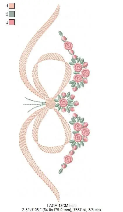 Lace with flowers embroidery designs - Bow Tie machine embroidery pattern - Baby girl file - Instant digital download pes jef dst hus vp3 Marcia Embroidery