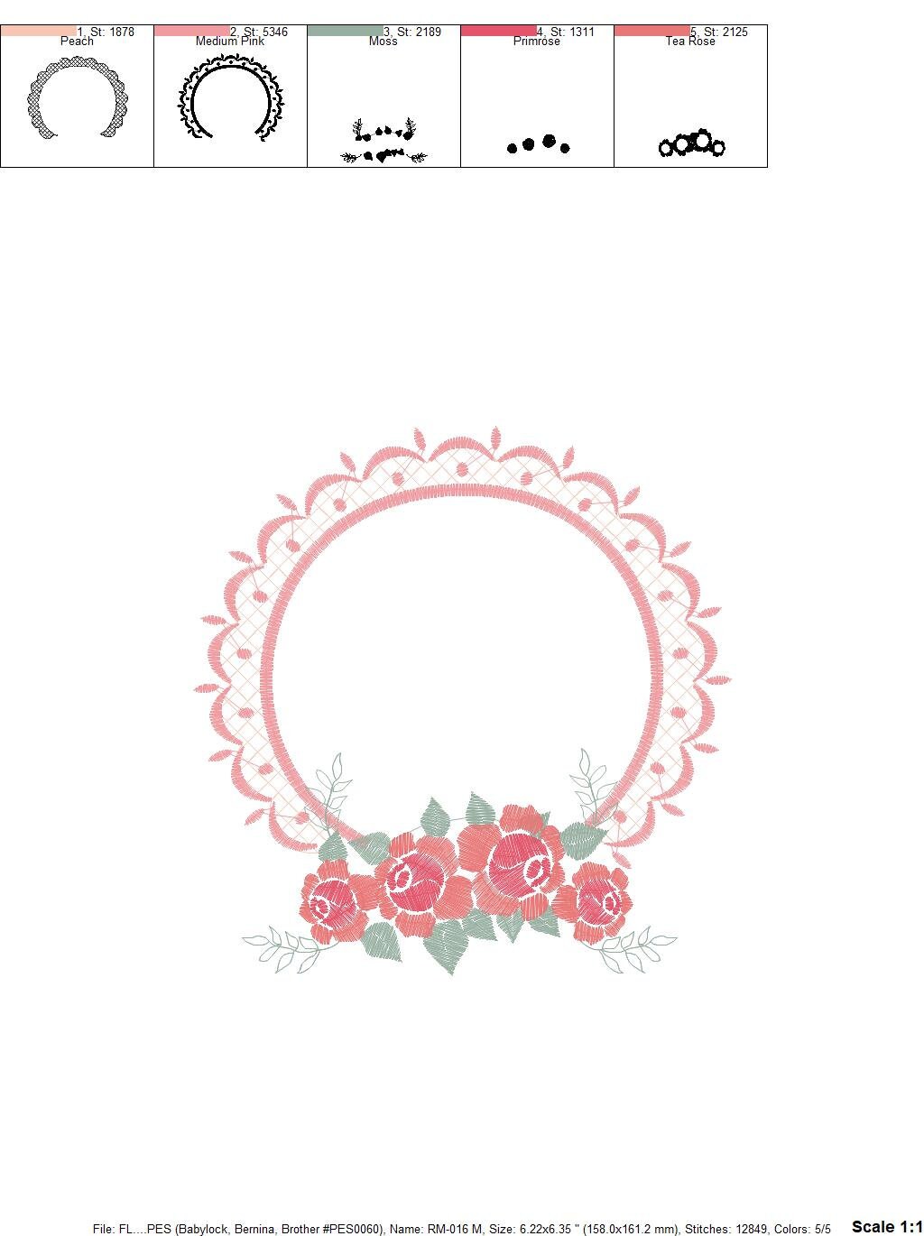 Monogram frame with roses Machine Embroidery Design - 4 sizes