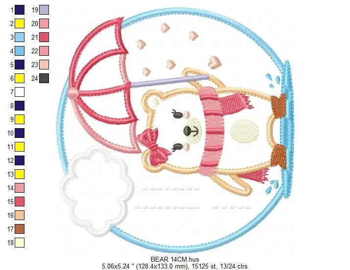 Bear in the rain embroidery designs - Winter embroidery design machine embroidery pattern - Bear with umbrella embroidery file Marcia Embroidery