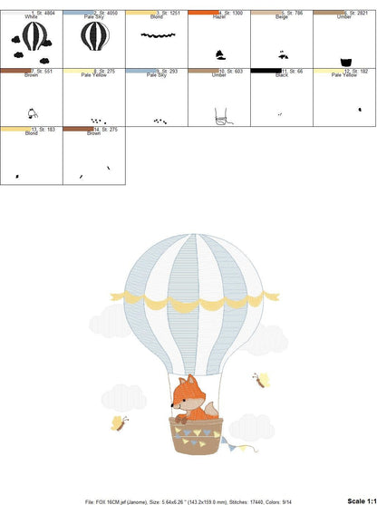 Fox embroidery designs - Hot air balloon embroidery design machine embroidery pattern - Animal embroidery file - woodland animals download
