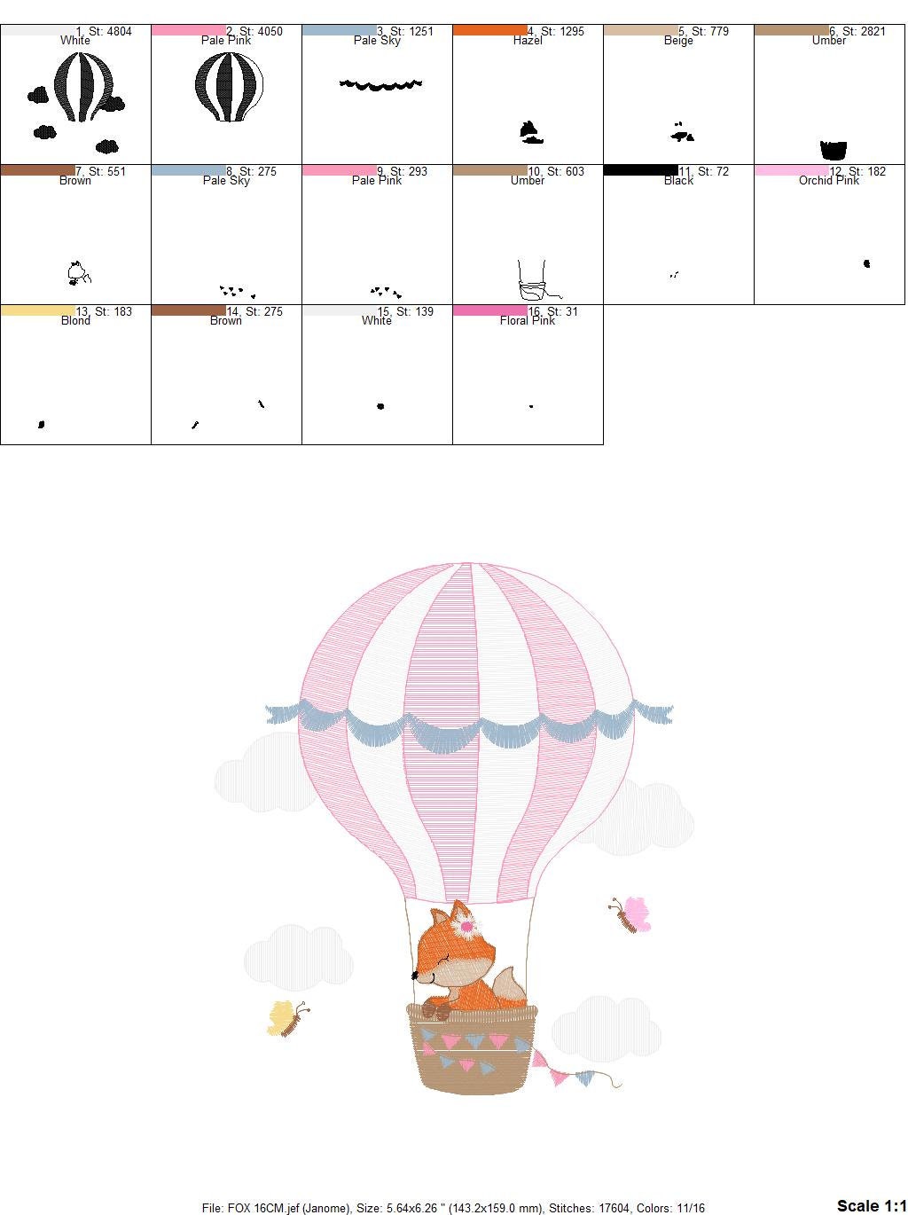 Fox embroidery designs - Hot air balloon embroidery design machine embroidery pattern - Animal embroidery file - woodland animals download