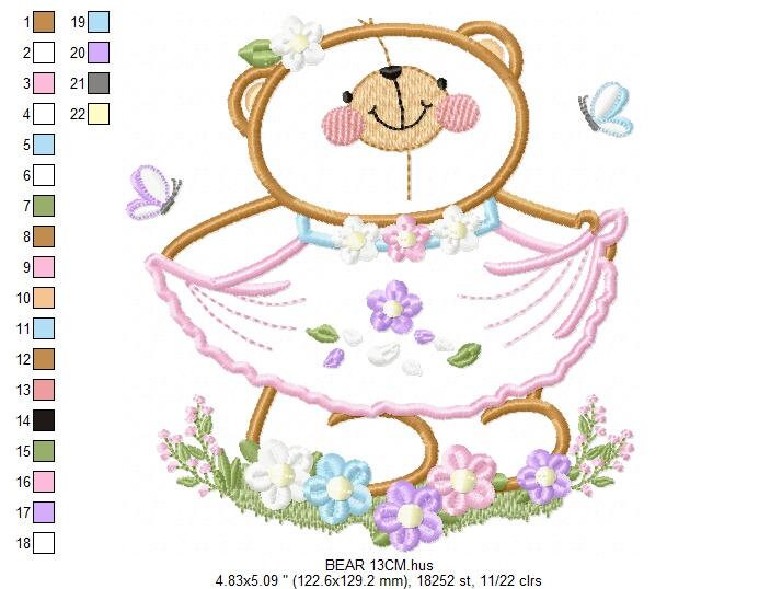 Female Bear embroidery designs - Baby girl embroidery design machine embroidery pattern - Bear with lace and dress embroidery file pes jef Marcia Embroidery