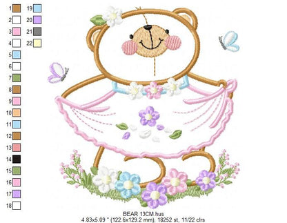 Female Bear embroidery designs - Baby girl embroidery design machine embroidery pattern - Bear with lace and dress embroidery file pes jef Marcia Embroidery