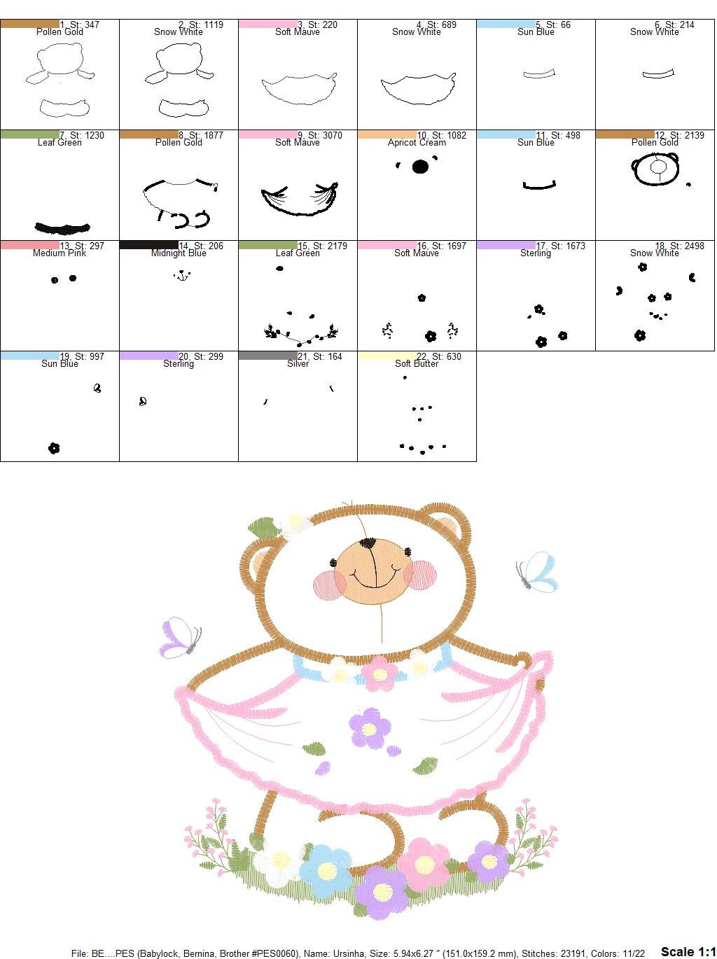 Female Bear embroidery designs - Baby girl embroidery design machine embroidery pattern - Bear with lace and dress embroidery file pes jef Marcia Embroidery