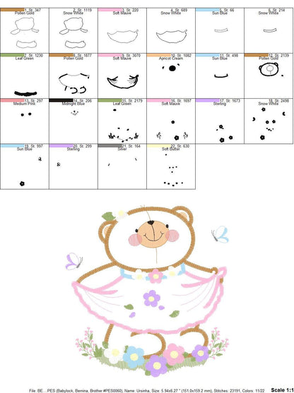 Female Bear embroidery designs - Baby girl embroidery design machine embroidery pattern - Bear with lace and dress embroidery file pes jef Marcia Embroidery