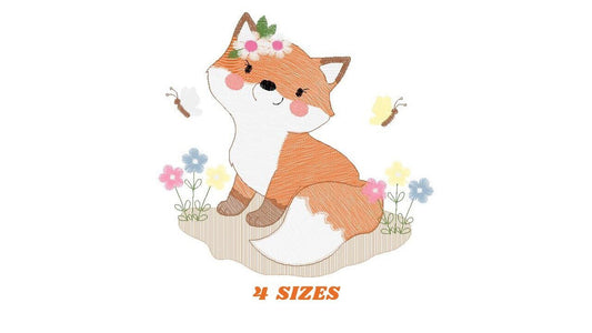 Fox embroidery designs - Red Fox with flowers machine embroidery pattern - Baby girl Woodland Animal file - Instant digital download pes jef