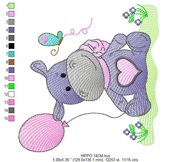 Hippo embroidery designs - Safari embroidery design machine embroidery pattern - Animal embroidery file - baby girl embroidery pes download