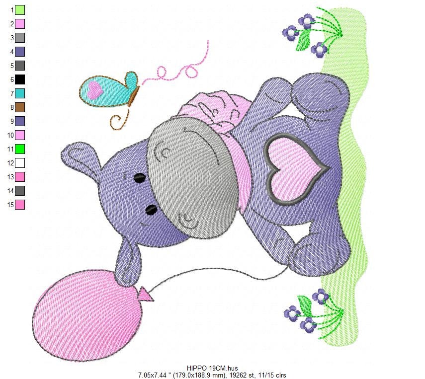 Hippo embroidery designs - Safari embroidery design machine embroidery pattern - Animal embroidery file - baby girl embroidery pes download