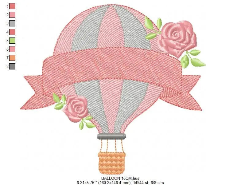 Balloon with roses embroidery designs - Hot air balloon embroidery design machine embroidery pattern - Baby girl embroidery file download Marcia Embroidery