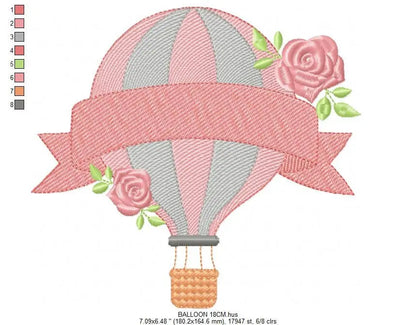 Balloon with roses embroidery designs - Hot air balloon embroidery design machine embroidery pattern - Baby girl embroidery file download Marcia Embroidery