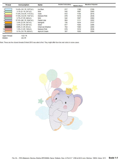 Elephant embroidery designs - Hot air balloon embroidery design machine embroidery pattern - Safari embroidery file - Elephant with balloons Marcia Embroidery